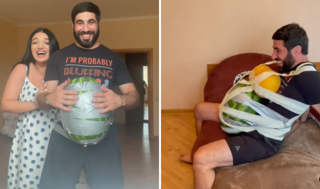 Zalepila je mužu LUBENICU za stomak i dve dinje da imitiraju grudi: Želela je suprugu da približi kroz šta žena prolazi dok je TRUDNA (VIDEO)
