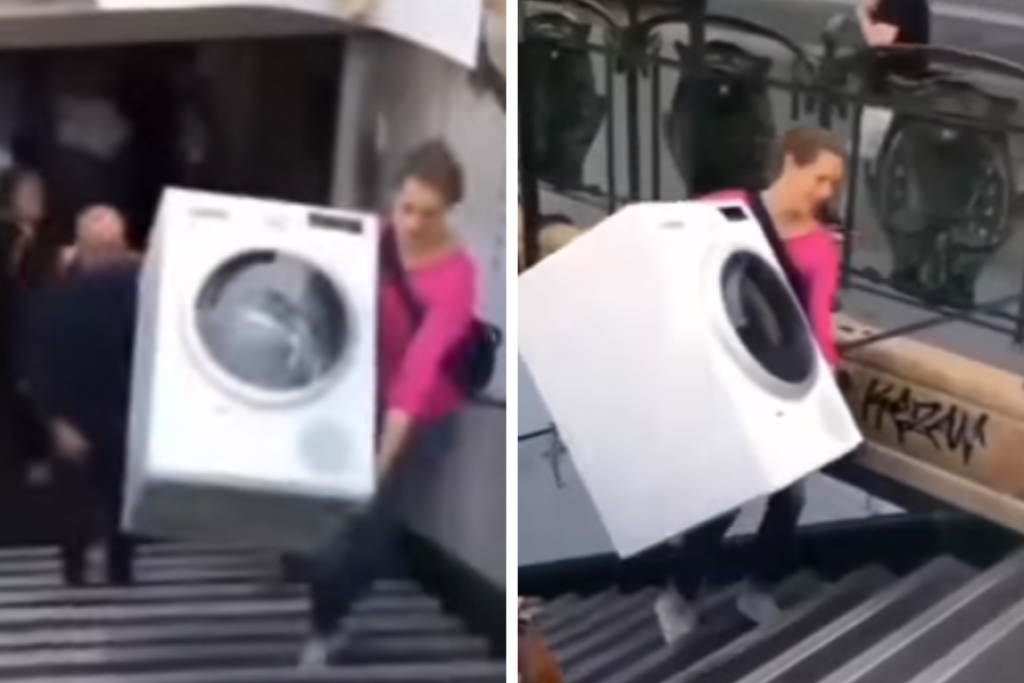 Lagano uz STEPENICE sa mašinom za veš u rukama: Pogledajte kako SUPER ŽENA uz osmeh nosi ovaj glomazan teret (VIDEO)