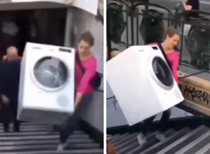 Lagano uz STEPENICE sa mašinom za veš u rukama: Pogledajte kako SUPER ŽENA uz osmeh nosi ovaj glomazan teret (VIDEO)
